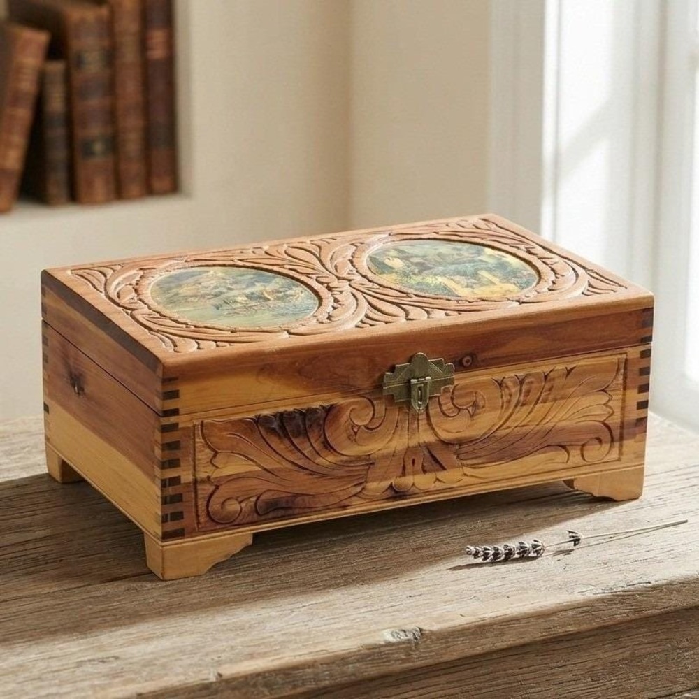 Vintage Carved Cedar Wood Jewelry Trinket Box Mirror Lid Applique Lake Scene